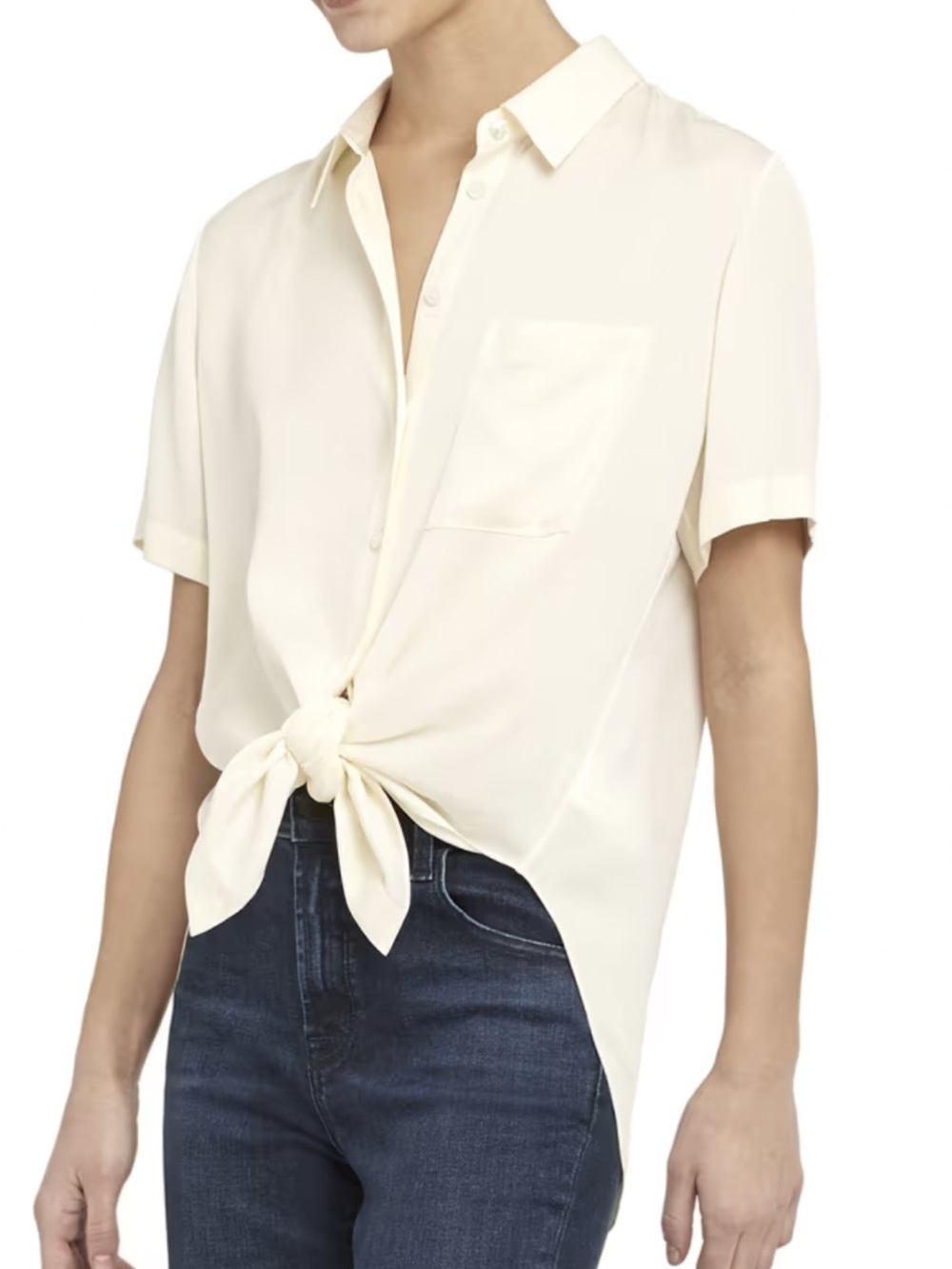 Theory Hekanina Tie-Front Silk Button Up Blouse Short Sleeve Butter Yellow Small